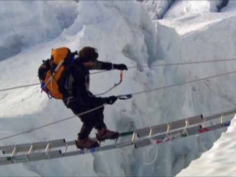 
Erik Weihenmayer very slowy crossed ladders over a crevasse in the Khumbu Icefall - Farther Than The Eye Can See DVD
